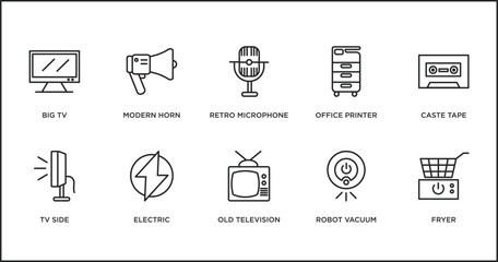 technology outline icons set. thin line icons such as retro microphone, office printer, caste tape, tv side, electric, old television, robot vacuum vector.