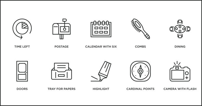 tools and utensils outline icons set. thin line icons such as calendar with six days, combs, dining, doors, tray for papers, highlight, cardinal points vector.