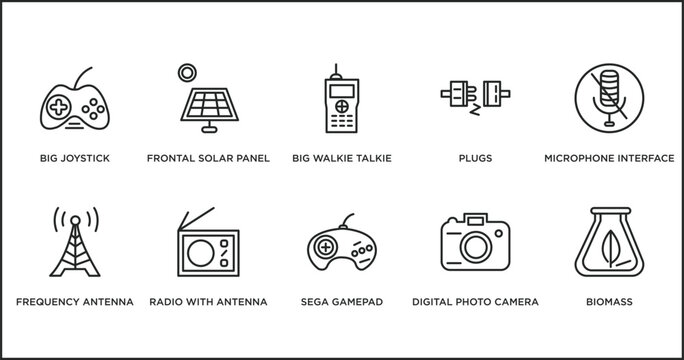 technology outline icons set. thin line icons such as big walkie talkie, plugs, microphone interface, frequency antenna, radio with antenna, sega gamepad, digital photo camera vector.