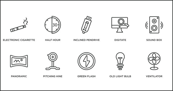 Technology Outline Icons Set. Thin Line Icons Such As Inclined Pendrive, Digitate, Sound Box, Panoramic, Pitching Hine, Green Flash, Old Light Bulb Vector.