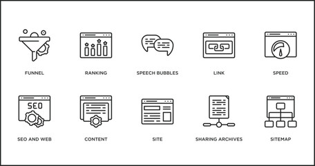 search engine optimization outline icons set. thin line icons such as speech bubbles, link, speed, seo and web, content, site, sharing archives vector. - obrazy, fototapety, plakaty
