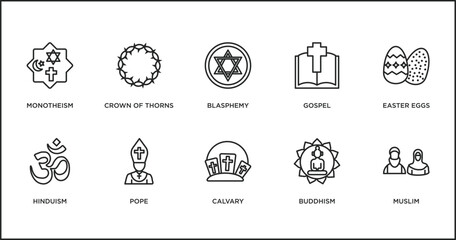 religion outline icons set. thin line icons such as blasphemy, gospel, easter eggs, hinduism, pope, calvary, buddhism vector.