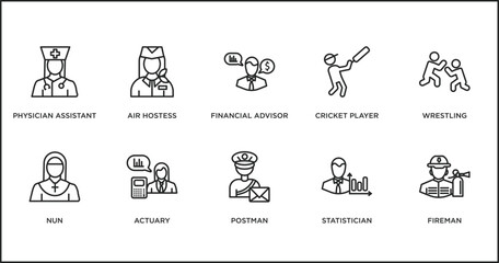 professions outline icons set. thin line icons such as financial advisor, cricket player, wrestling, nun, actuary, postman, statistician vector. - obrazy, fototapety, plakaty