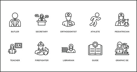 professions outline icons set. thin line icons such as orthodontist, athlete, pediatrician, teacher, firefighter, librarian, guide vector.