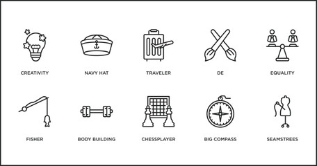 people skills outline icons set. thin line icons such as traveler, de, equality, fisher, body building, chessplayer, big compass vector.