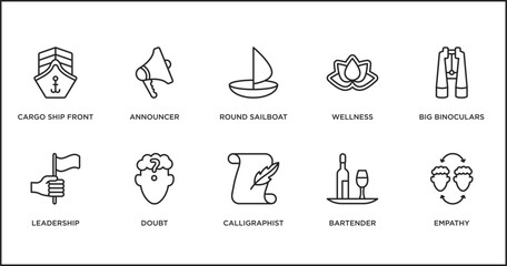 people skills outline icons set. thin line icons such as round sailboat, wellness, big binoculars, leadership, doubt, calligraphist, bartender vector.