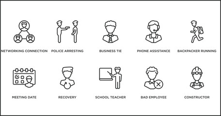 people outline icons set. thin line icons such as business tie, phone assistance, backpacker running, meeting date, recovery, school teacher, bad employee vector.