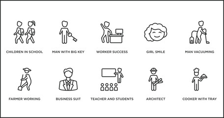 people outline icons set. thin line icons such as worker success, girl smile, man vacuuming, farmer working, business suit, teacher and students, architect vector.