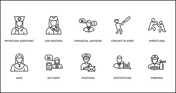 professions outline icons set. thin line icons such as financial advisor, cricket player, wrestling, nun, actuary, postman, statistician vector.