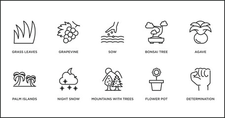 nature outline icons set. thin line icons such as sow, bonsai tree, agave, palm islands, night snow, mountains with trees, flower pot vector.