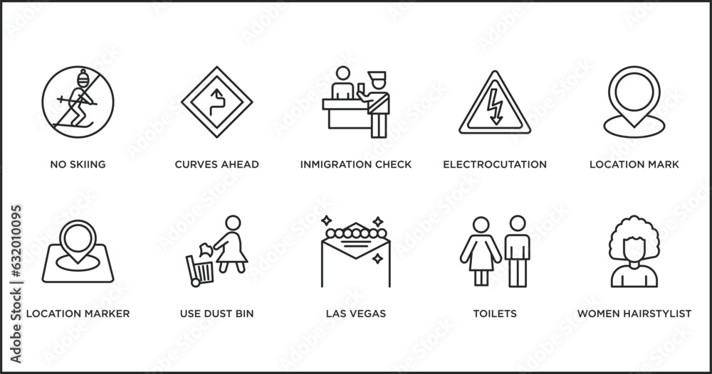 Poster maps and flags outline icons set. thin line icons such as inmigration check point, electrocutation d