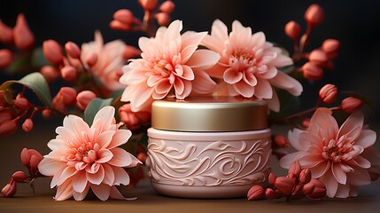 Obraz na płótnie Canvas An open jar of white moisturizer on a background of flowers.