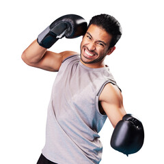Isolated man, boxer and portrait with gloves, punching or frustrated by transparent png background....