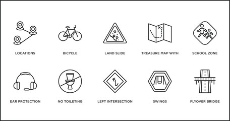 maps and flags outline icons set. thin line icons such as land slide, treasure map with x, school zone, ear protection, no toileting, left intersection, swings vector.