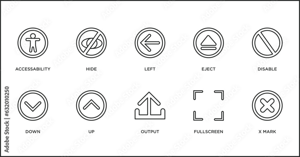 Poster interface outline icons set. thin line icons such as left, eject, disable, down, up, output, fullscr