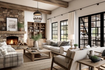country and contemporary interior living room area design decorating house beautiful ideas concept with bright and clear cosy furniture home design daylight ambient background,ai generate