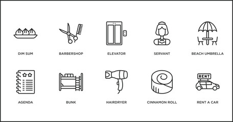 Fototapeta na wymiar hotel and restaurant outline icons set. thin line icons such as elevator, servant, beach umbrella, agenda, bunk, hairdryer, cinnamon roll vector.