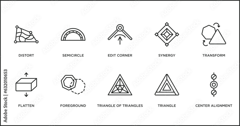 Poster geometric figure outline icons set. thin line icons such as edit corner, synergy, transform, flatten