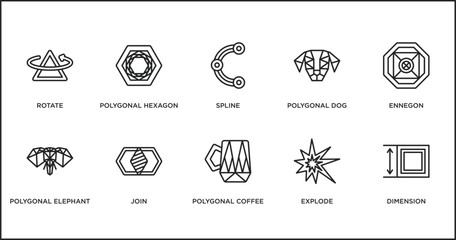 geometry outline icons set. thin line icons such as spline, polygonal dog, ennegon, polygonal elephant, join, polygonal coffee cup, explode vector.