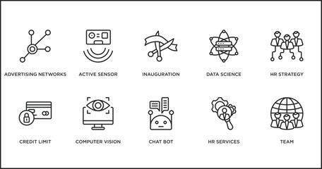 general outline icons set. thin line icons such as inauguration, data science, hr strategy, credit limit, computer vision, chat bot, hr services vector.