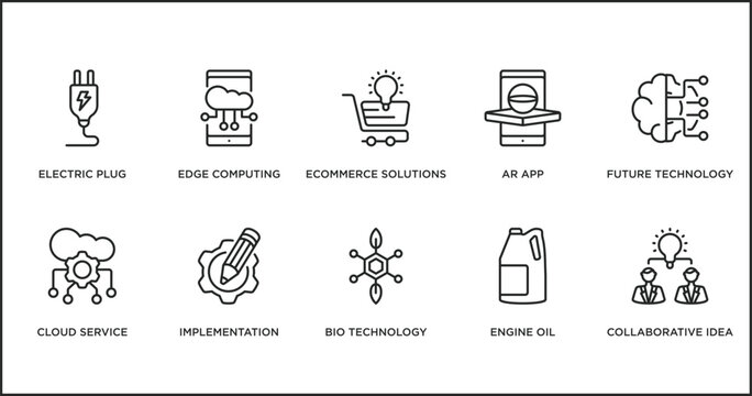 general outline icons set. thin line icons such as ecommerce solutions, ar app, future technology, cloud service, implementation, bio technology, engine oil vector.