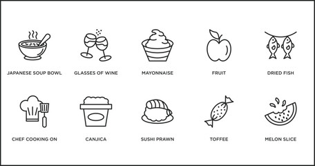 food outline icons set. thin line icons such as mayonnaise, fruit, dried fish, chef cooking on stove, canjica, sushi prawn, toffee vector.