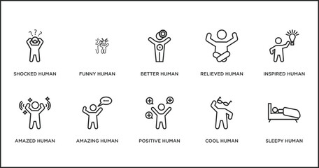 feelings outline icons set. thin line icons such as better human, relieved human, inspired human, amazed amazing positive cool vector.