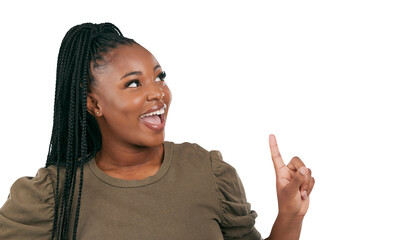 Smile, presentation and deal with black woman and pointing up on png for offer, news or show. Happy...