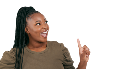 Smile, presentation and deal with black woman and pointing up on png for offer, news or show. Happy promotion and announcement of person isolated on transparent background for excited and information