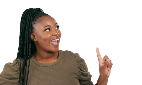Smile, presentation and deal with black woman and pointing up on png for offer, news or show. Happy promotion and announcement of person isolated on transparent background for excited and information