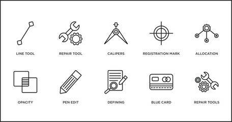edit tools outline icons set. thin line icons such as calipers, registration mark, allocation, opacity, pen edit, defining, blue card vector.
