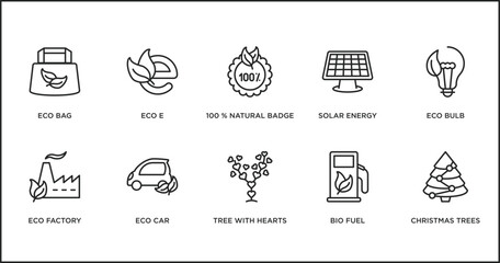 ecology outline icons set. thin line icons such as 100 % natural badge, solar energy, eco bulb, eco factory, eco car, tree with hearts, bio fuel vector.