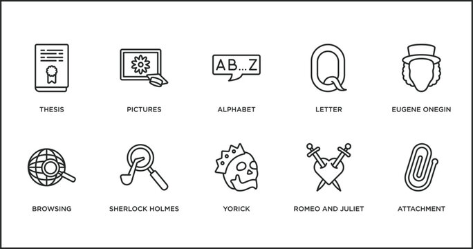 education outline icons set. thin line icons such as alphabet, letter, eugene onegin, browsing, sherlock holmes, yorick, romeo and juliet vector.
