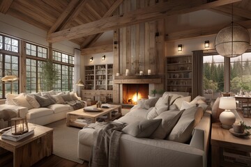 country and contemporary interior living room area design decorating house beautiful ideas concept with bright and clear cosy furniture home design daylight ambient background,ai generate