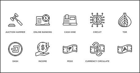 cryptocurrency outline icons set. thin line icons such as cash hine, circuit, tor, dash, income, peso, currency circulate vector.
