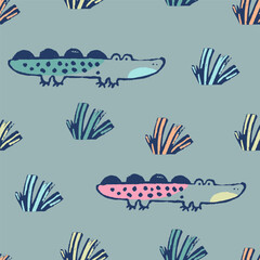 Summer crocodile tropical seamless pattern. Hand drawn palm tree african print