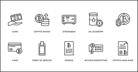 cryptocurrency outline icons set. thin line icons such as strongbox, oil economy, , card, point of service, invoice, bitcoin encryption vector.