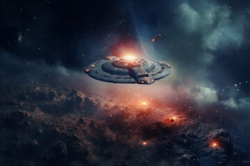 Obraz premium Futuristic Space: Spacecraft Approaching Nebula Generative AI