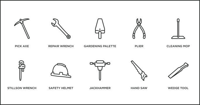 construction tools outline icons set. thin line icons such as gardening palette, plier, cleaning mop, stillson wrench, safety helmet, jackhammer, hand saw vector.