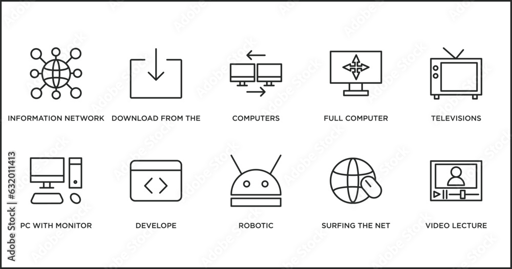 Poster computer outline icons set. thin line icons such as computers, full computer, televisions, pc with m
