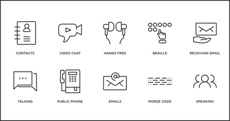 communication outline icons set. thin line icons such as hands free, braille, receiving email, talking, public phone, emails, morse code vector. © IconArt