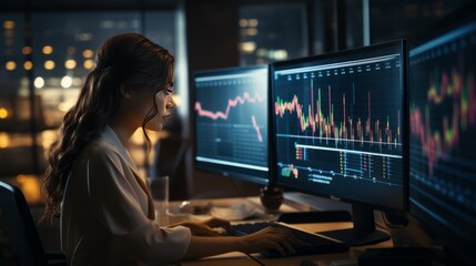 businesswoman stock financial specialist trader broker working with monitor screen with stock chart and indicator woman working hard to make decision for her risk and wealth management,ai generate