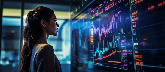 businesswoman stock financial specialist trader broker working with monitor screen with stock chart and indicator woman working hard to make decision for her risk and wealth management,ai generate