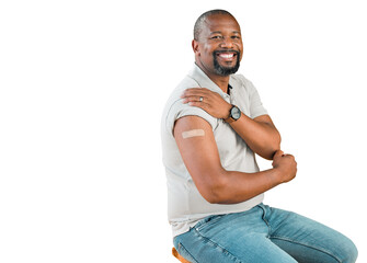 Happy, portrait and black man with vaccine plaster on chair and isolated, transparent or png background. Vaccination, immunity and African guy face smile with arm band for covid, safety or compliance