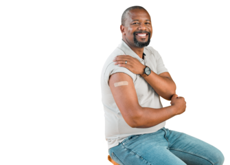 Happy, portrait and black man with vaccine plaster on chair and isolated, transparent or png background. Vaccination, immunity and African guy face smile with arm band for covid, safety or compliance