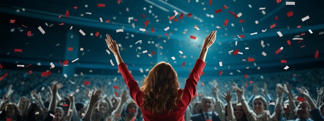 success motivation encourage power support attractive powerful female speaker hand riseup cheering all people in convetion hall to stay strong together with golden glitter confetti paper ,ai generate