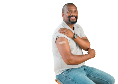 Happy, portrait and black man with vaccine plaster on chair and isolated, transparent or png background. Vaccination, immunity and African guy face smile with arm band for covid, safety or compliance