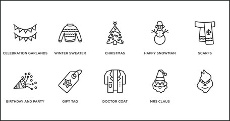 christmas outline icons set. thin line icons such as christmas, happy snowman, scarfs, birthday and party, gift tag, doctor coat, mrs claus vector.