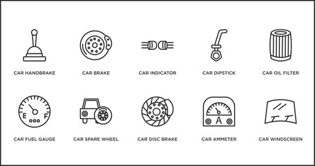 car parts outline icons set. thin line icons such as car indicator, car dipstick, oil filter, fuel gauge, spare wheel, disc brake, ammeter vector.