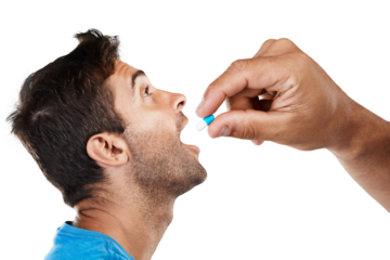 Isolated man, hand and pill for mouth, profile and supplements for wellness by transparent png background. Sick model guy, medicine or pharmaceutical drugs for healthcare, vitamin c or omega 3